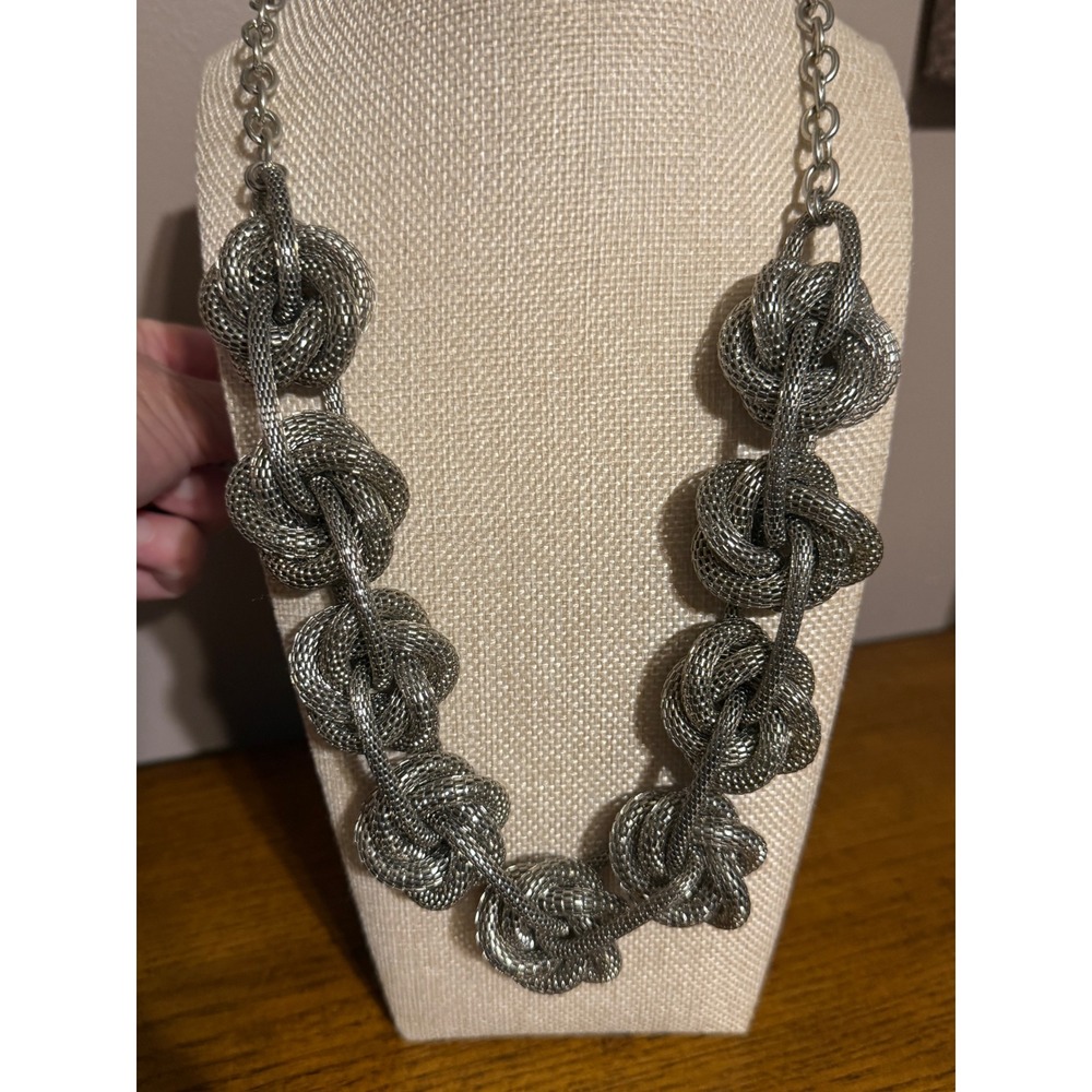 Silver Tone Mesh Knot Statement Necklace Chunky Industrial Link Chain Adjustable